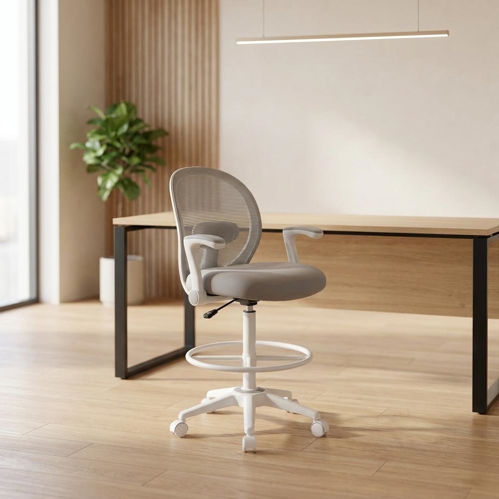 Mesh High-Back Stool Chair with Flip Arms and Nylon Base for Dining Room, Grey
