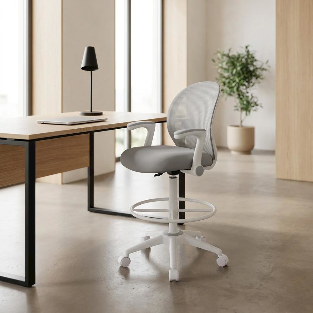 Mesh High-Back Stool Chair with Flip Arms and Nylon Base for Dining Room, Grey