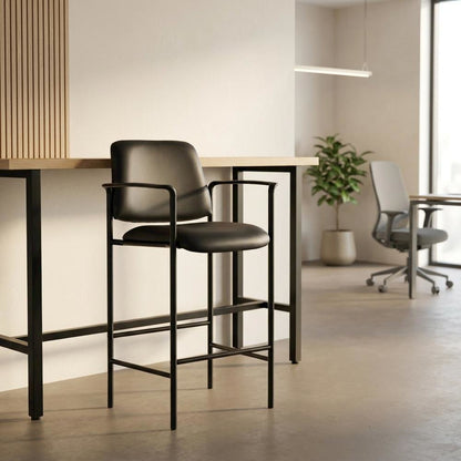 Vinyl-Upholstered Counter Stool with Square Mesh Back and Arms for Entryway