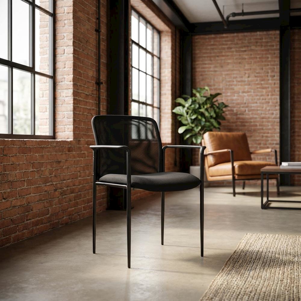Mesh Guest Chair with Steel Tubular Four-Leg Base, Arms, and Breathable Back