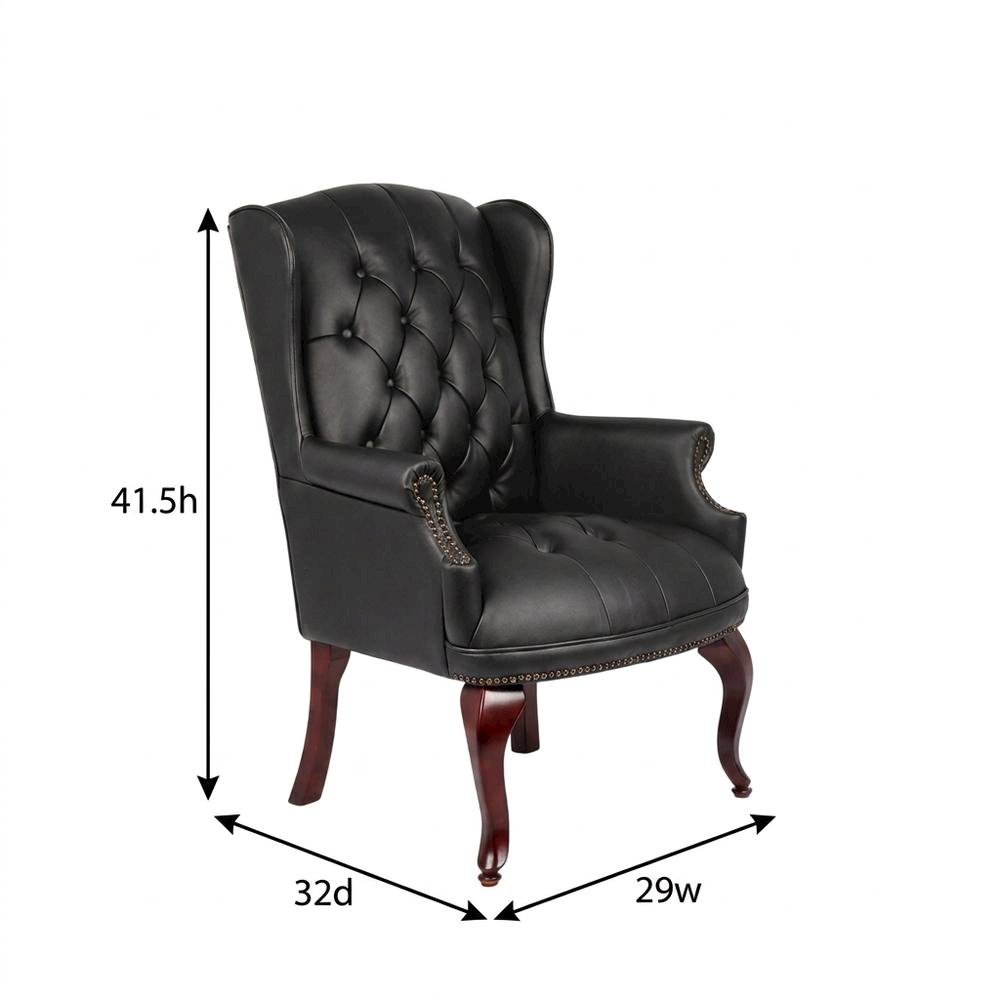 Leather-Upholstered Wingback Guest Chair with Mahogany Leg Base for Living Room