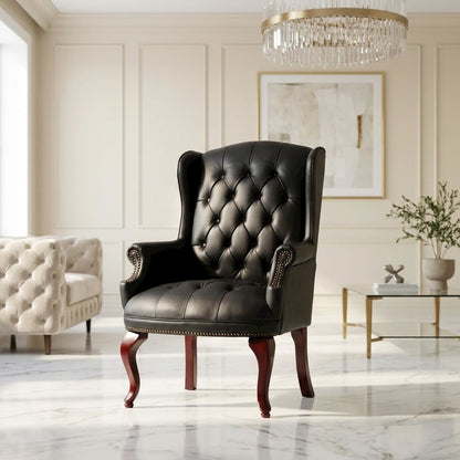 Leather-Upholstered Wingback Guest Chair with Mahogany Leg Base for Living Room