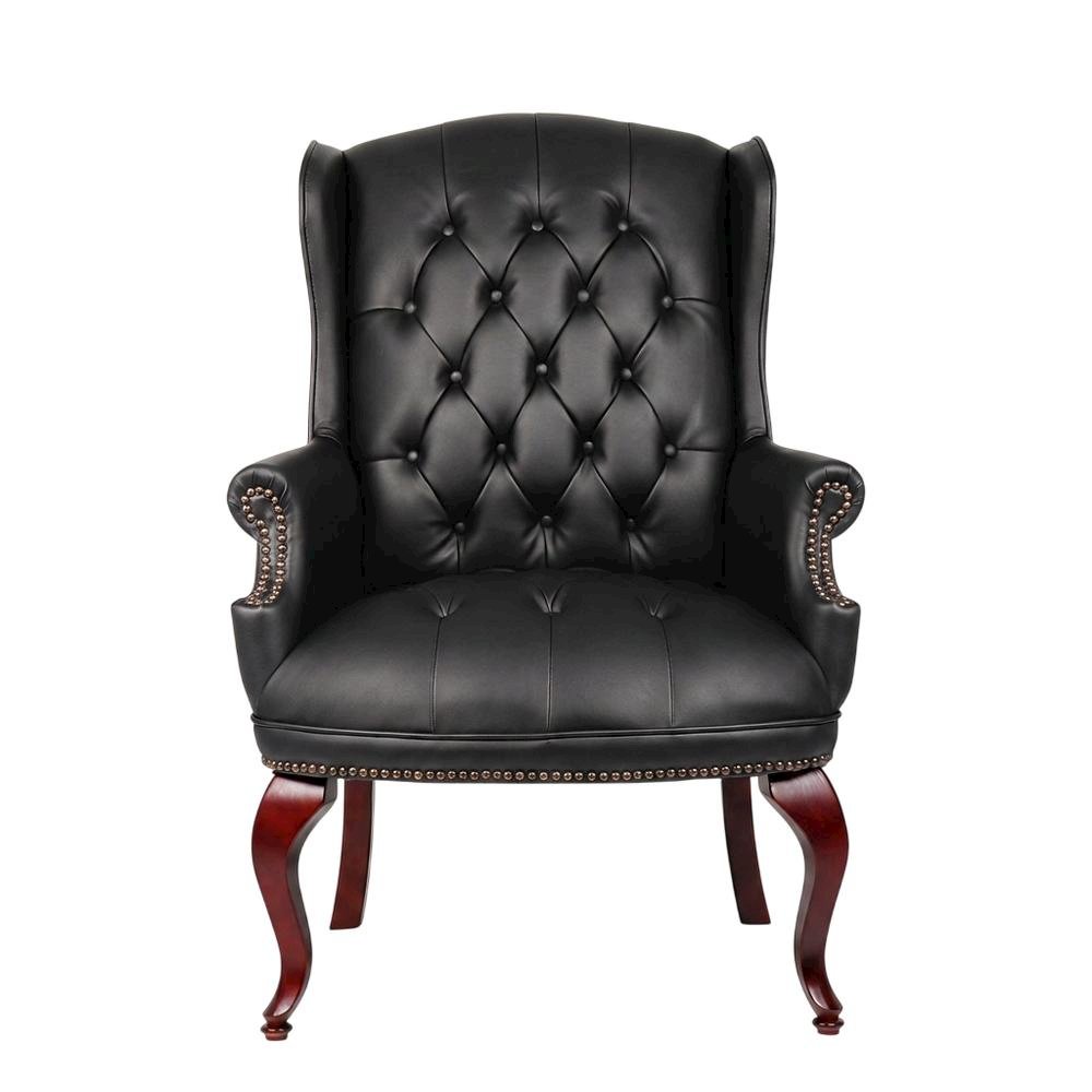 Leather-Upholstered Wingback Guest Chair with Mahogany Leg Base for Living Room