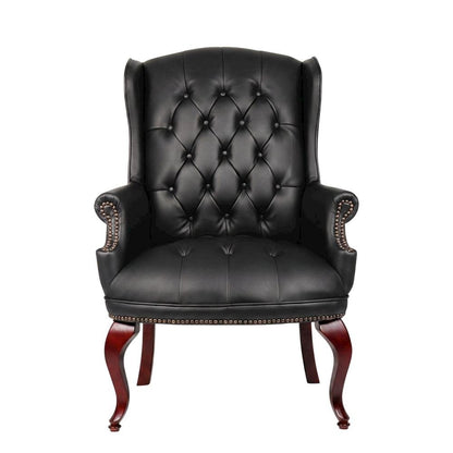 Leather-Upholstered Wingback Guest Chair with Mahogany Leg Base for Living Room