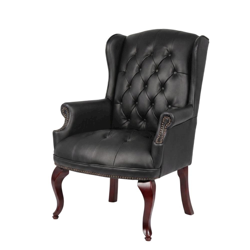 Leather-Upholstered Wingback Guest Chair with Mahogany Leg Base for Living Room