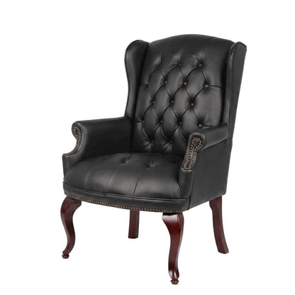 Leather-Upholstered Wingback Guest Chair with Mahogany Leg Base for Living Room