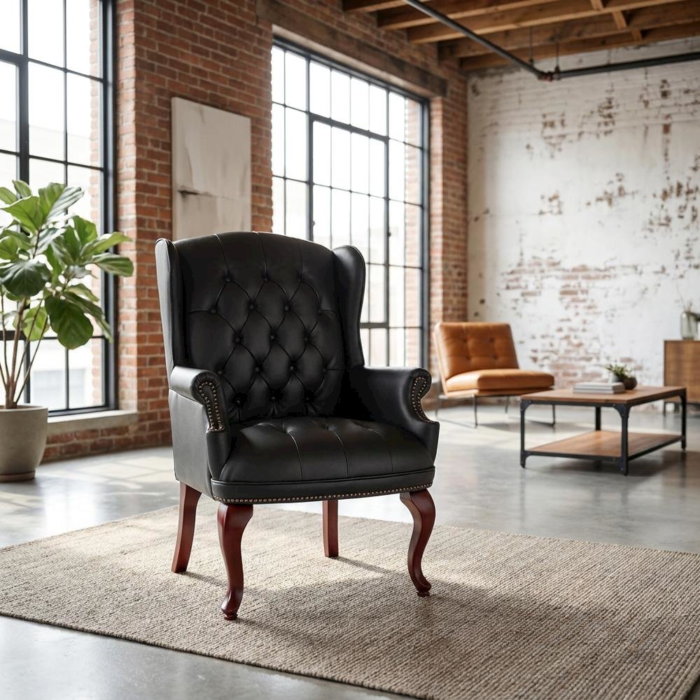 Leather-Upholstered Wingback Guest Chair with Mahogany Leg Base for Living Room