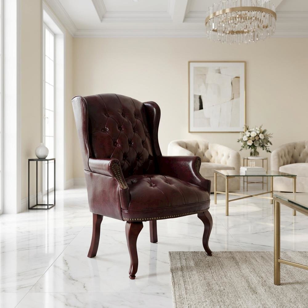 Leather-Upholstered Wingback Guest Chair, Mahogany 4-Leg Base for Living Room