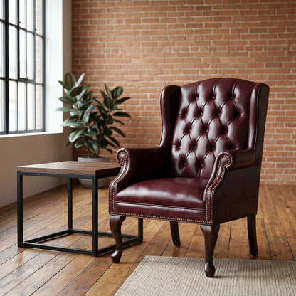 Leather-Upholstered Wingback Guest Chair, Mahogany 4-Leg Base for Living Room