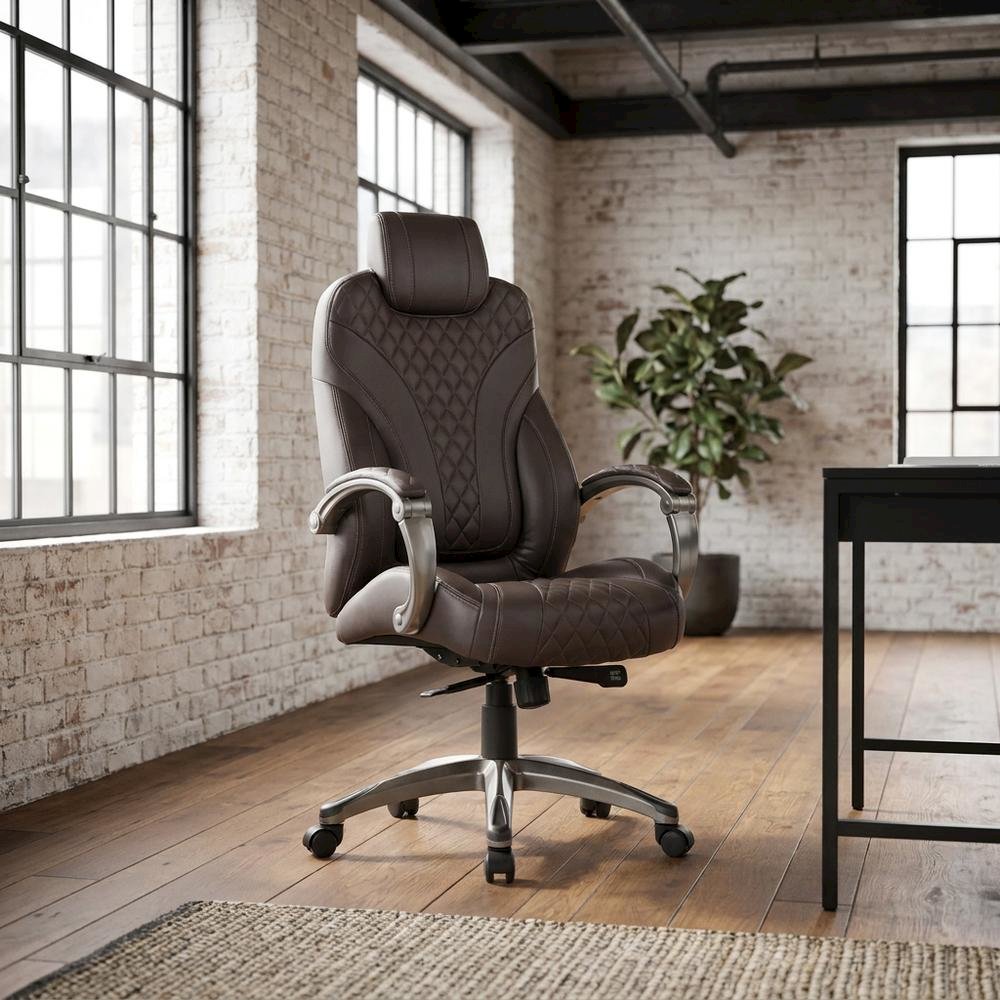 LeatherPlus Executive Armchair with Hinged Arms and Adjustable Heights, Brown