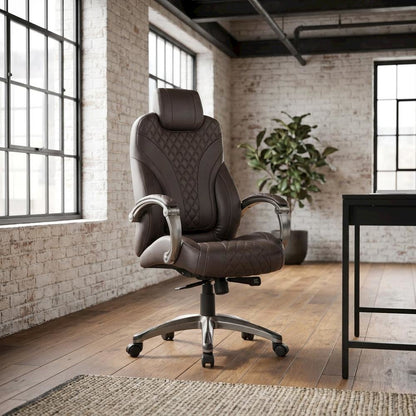 LeatherPlus Executive Armchair with Hinged Arms and Adjustable Heights, Brown