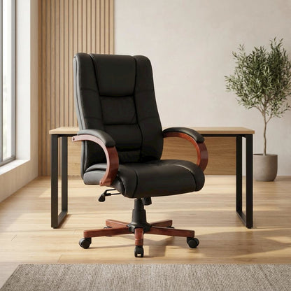 CaressoftPlus High-Back Executive Chair with Cherry Wood Base and Arms