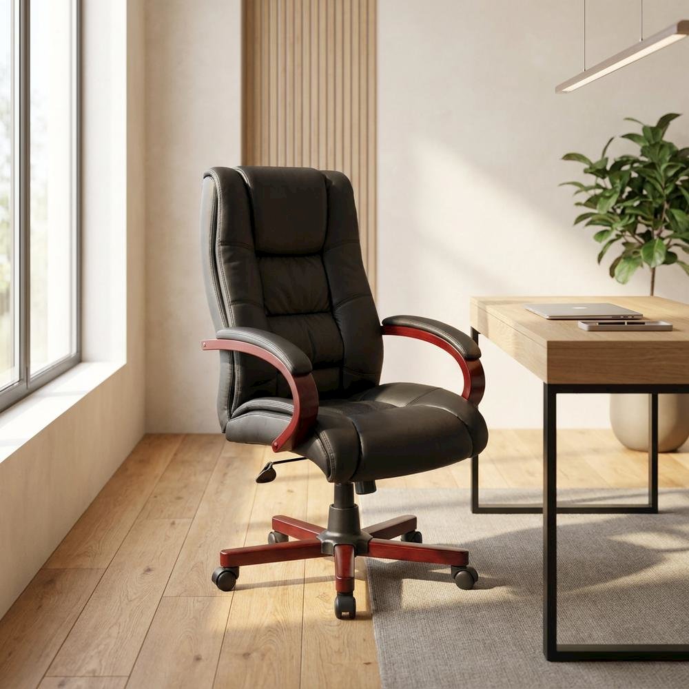 CaressoftPlus High-Back Executive Chair with Mahogany Wood Base and Arms