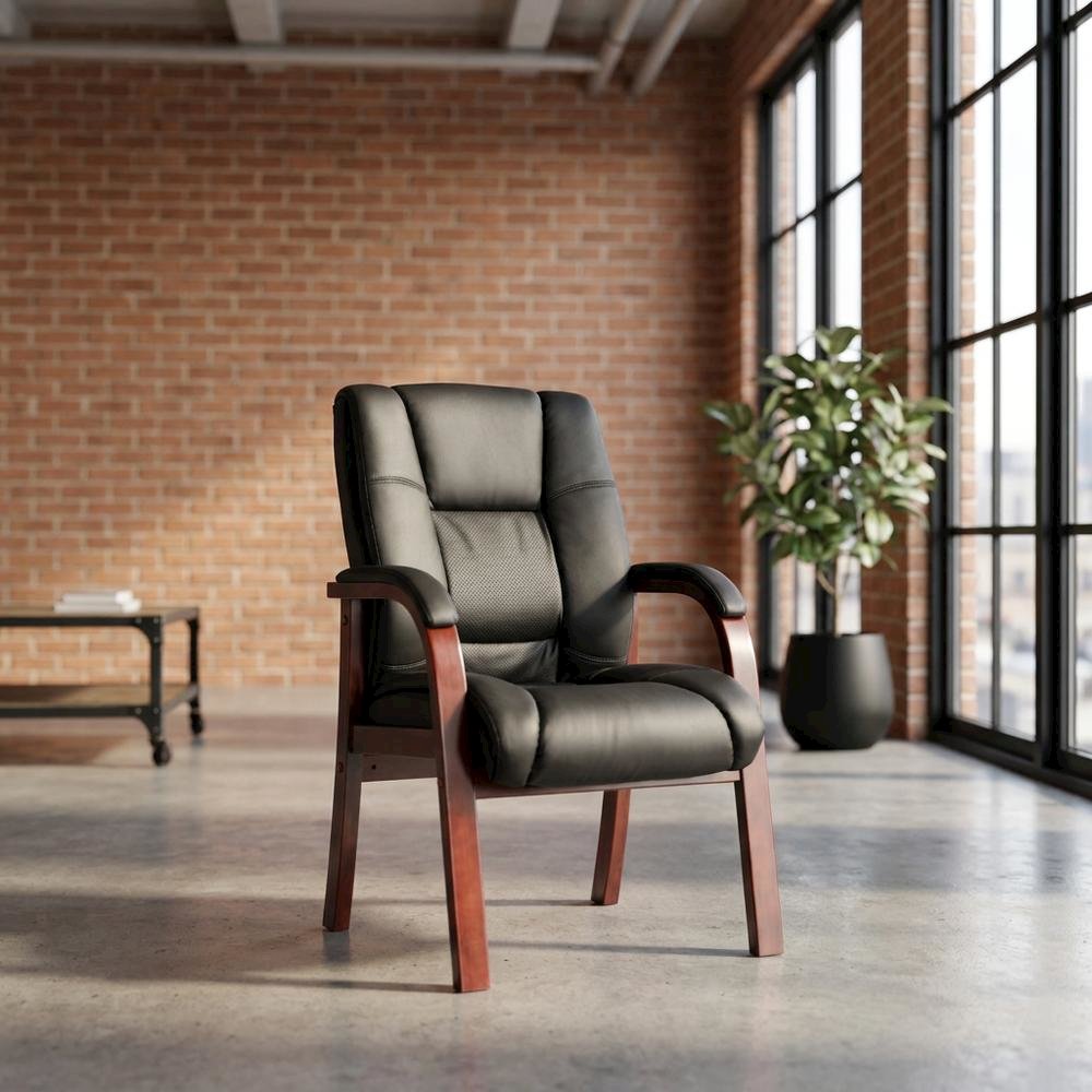 CaressoftPlus Mid-Back Guest Chair with Cherry Wood Finished Frame for Entryway