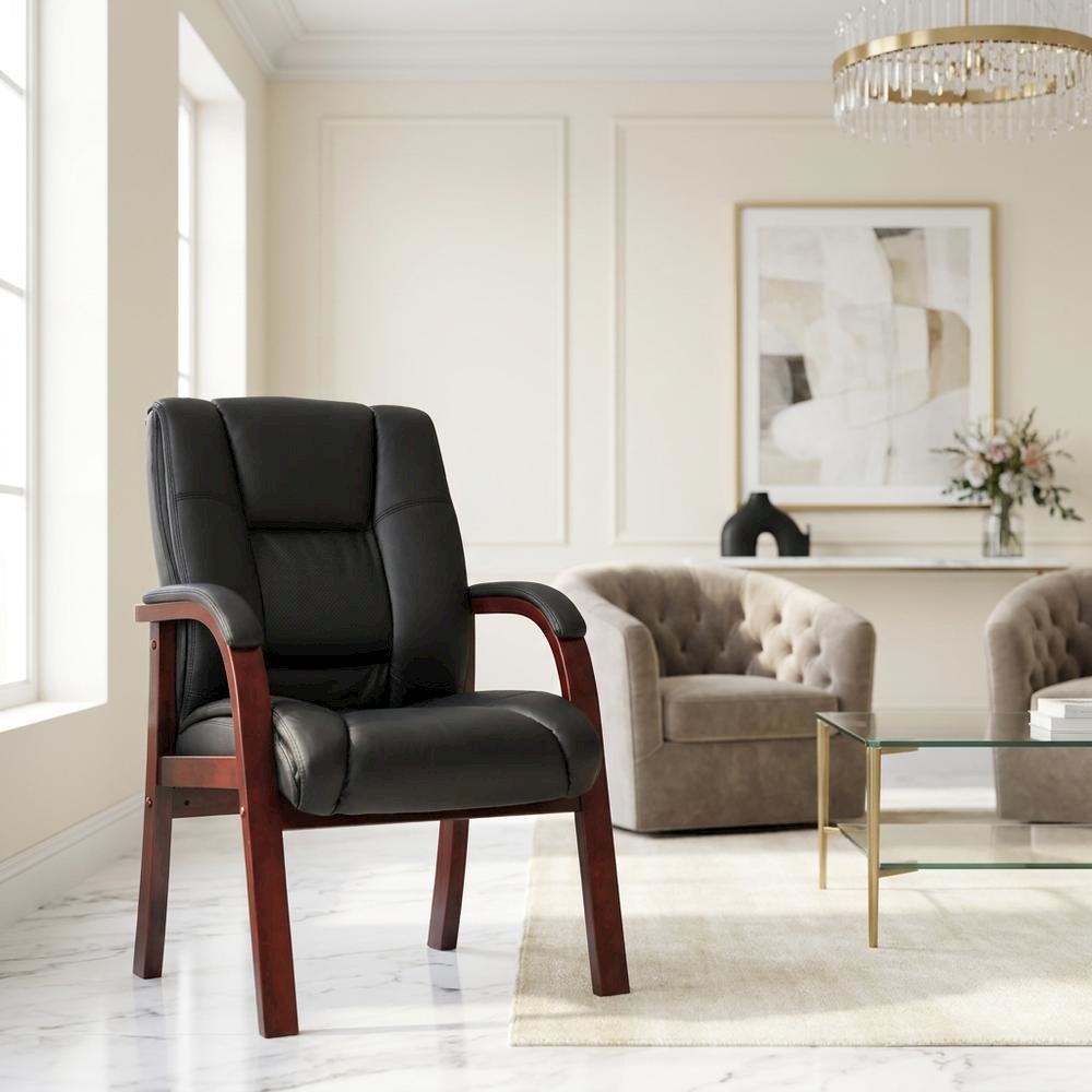 CaressoftPlus Mid-Back Guest Chair with Cherry Wood Finished Frame for Entryway
