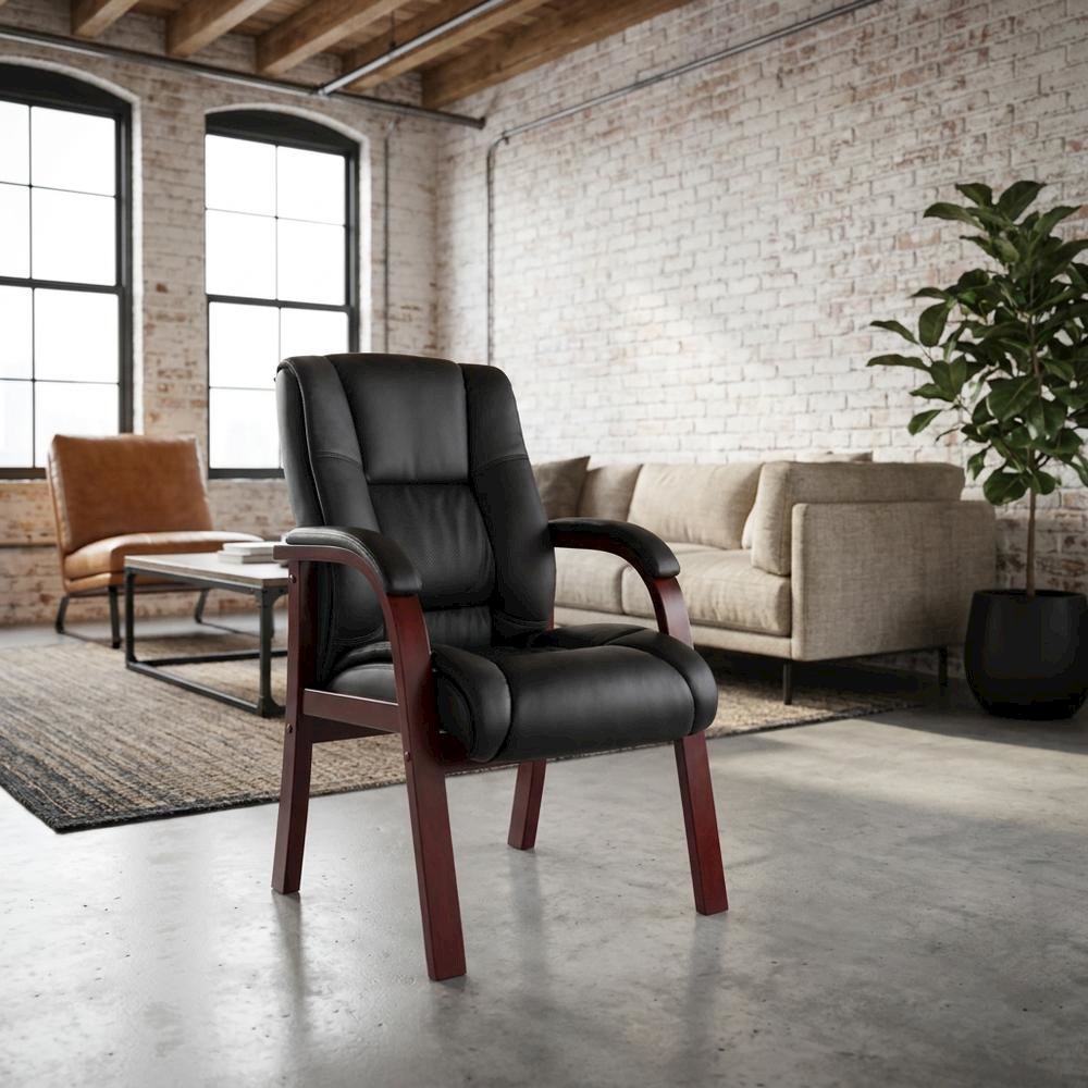 CaressoftPlus Mid Back Guest Chair with Mahogany Four-Leg Base and Padded Arms