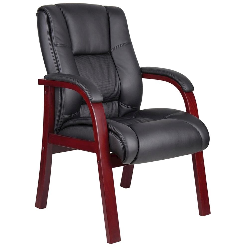 CaressoftPlus Mid Back Guest Chair with Mahogany Four-Leg Base and Padded Arms