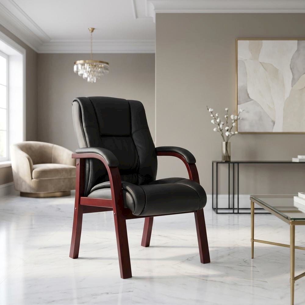 CaressoftPlus Mid Back Guest Chair with Mahogany Four-Leg Base and Padded Arms