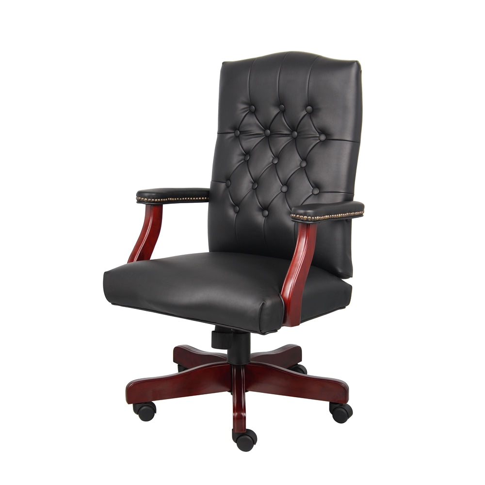 Boss Classic Black Caressoft Chair With Mahogany Finish Frame