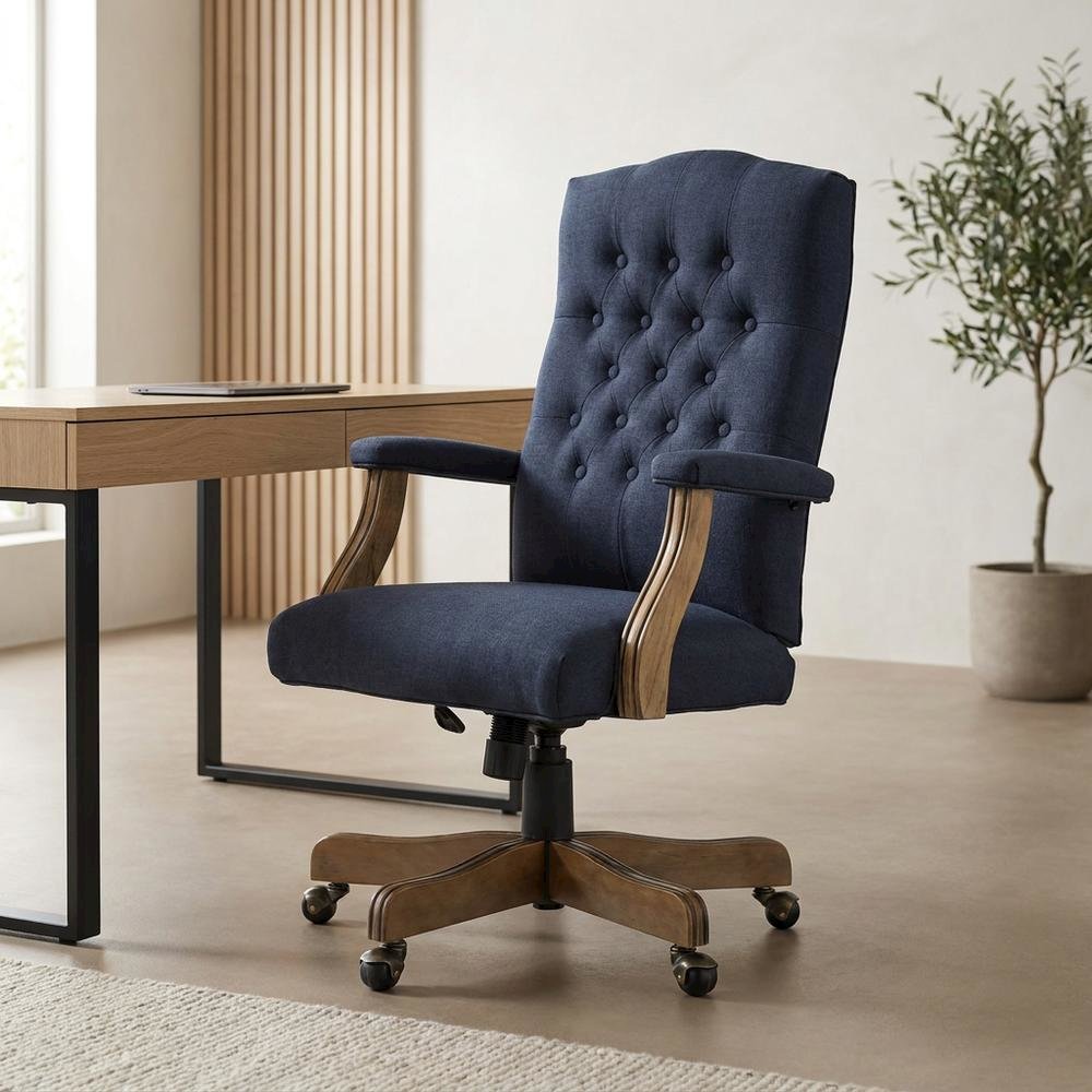 Linen Mid-Back Executive Office Chair with Padded Arms and Spring Tilt