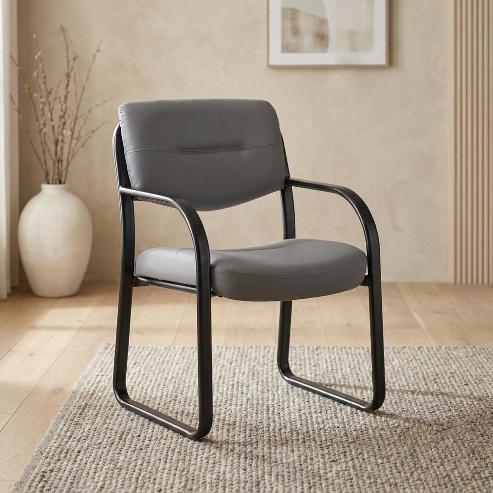 LeatherPlus Armless Side Chair with Sled Base, Desk Chair No Wheels, Grey