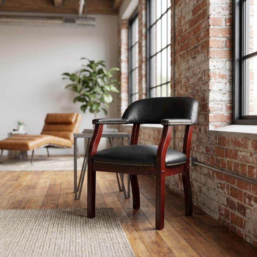 Caressoft Vinyl Captain's Chair with Mahogany Four-Leg Base, Low-Back Style