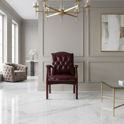 Vinyl Traditional Guest Chair with Mahogany Wood Four-Leg Base for Living Room
