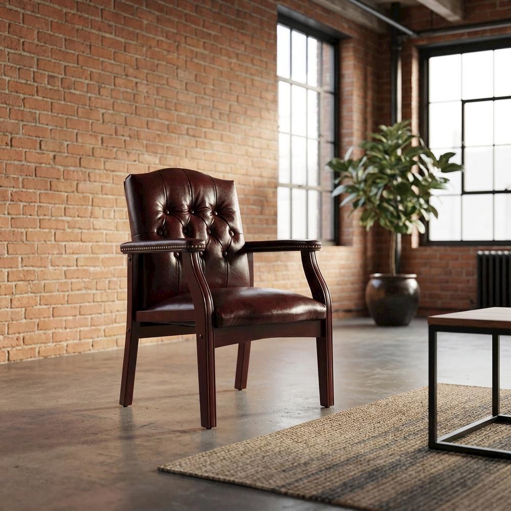 Vinyl Traditional Guest Chair with Mahogany Wood Four-Leg Base for Living Room