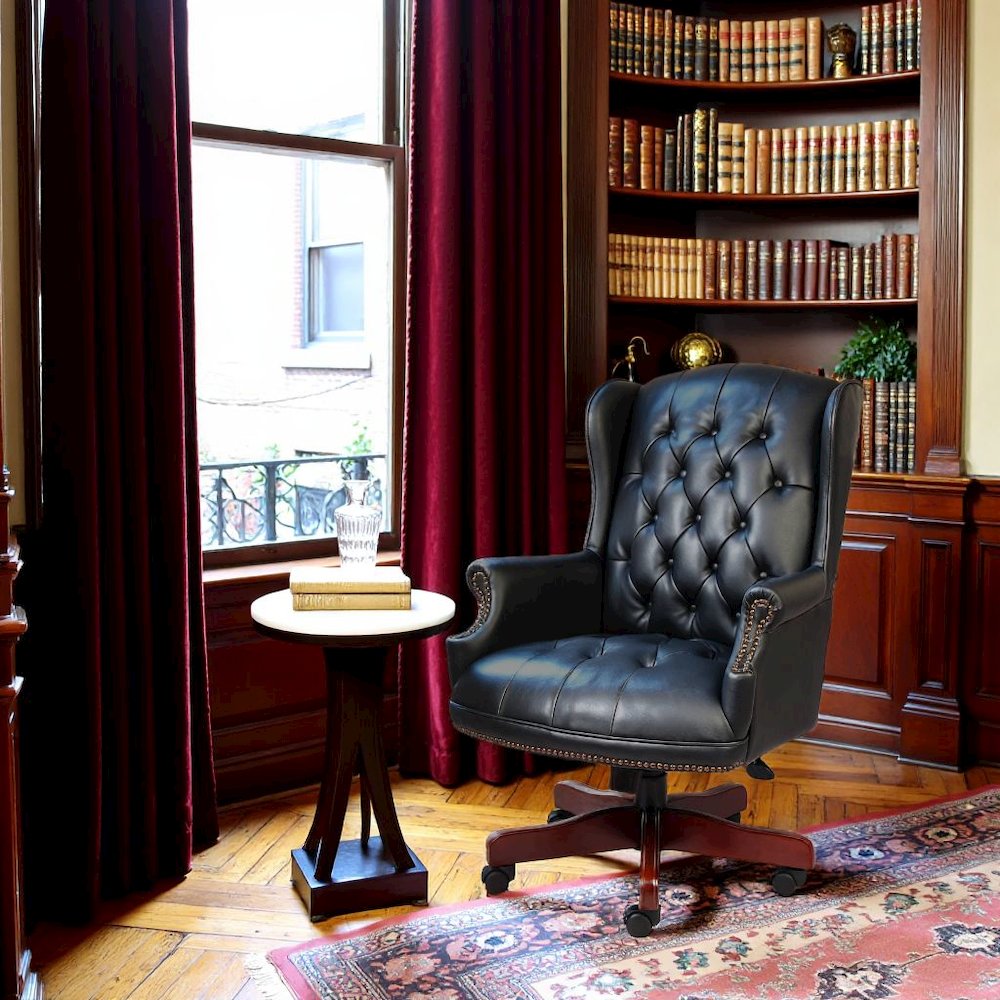 Black Faux Leather Office Chair, Executive Chair With Wood Accents On Base