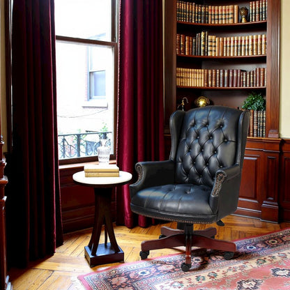 Black Faux Leather Office Chair, Executive Chair With Wood Accents On Base