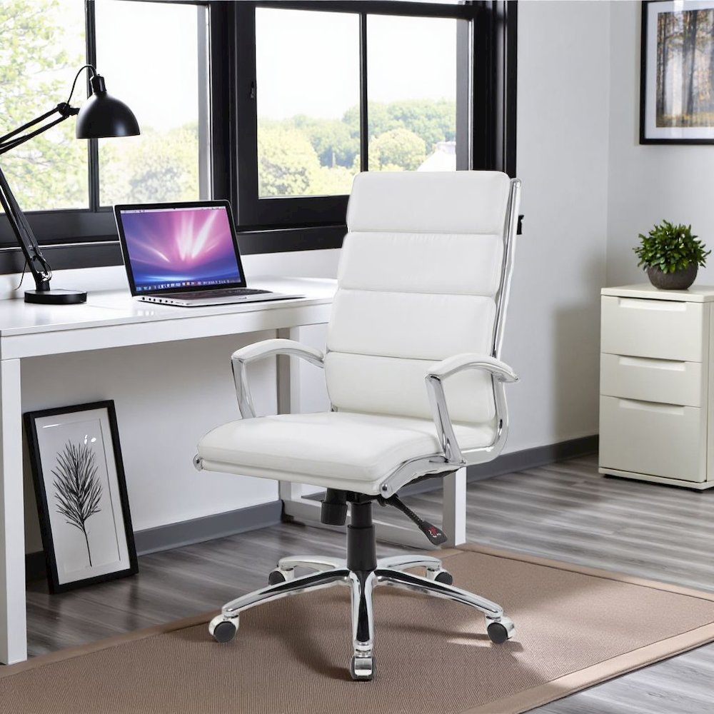 White Desk Chair With Chrome Base, Modern Conference Room Chair With Wheels