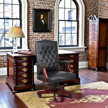 Tufted Executive Desk Chair in Black Faux Leather With Mahogany Base