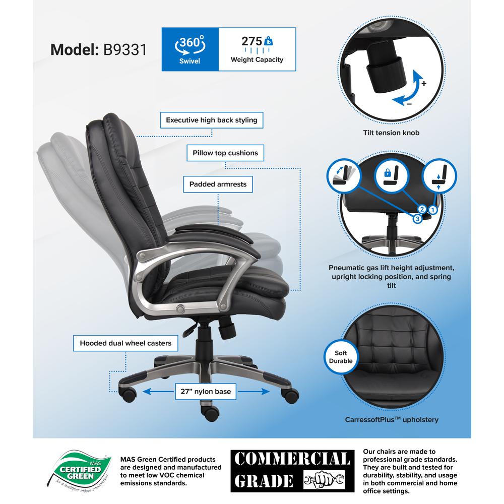 Boss High Back Executive Chair With Pewter Finished Base/Arms