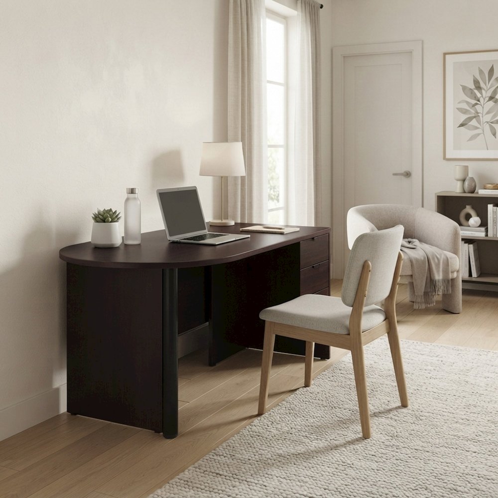 Bison Office Wooden Wood Desk with Bullet-Shaped Top and Wide Mocha Finish