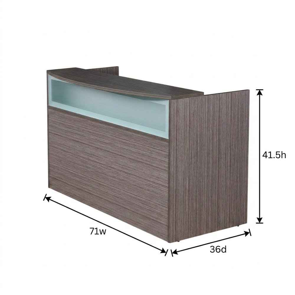 Wood Reception Desk with Frosted Glass Panel and Storage for Office, Driftwood