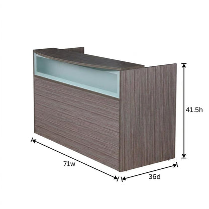Wood Reception Desk with Frosted Glass Panel and Storage for Office, Driftwood