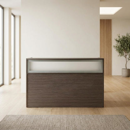 Wood Reception Desk with Frosted Glass Panel and Storage for Office, Driftwood