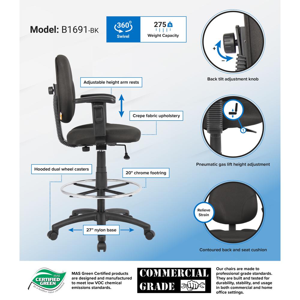 Boss Black Fabric Drafting Stools W/Adj Arms & Footring
