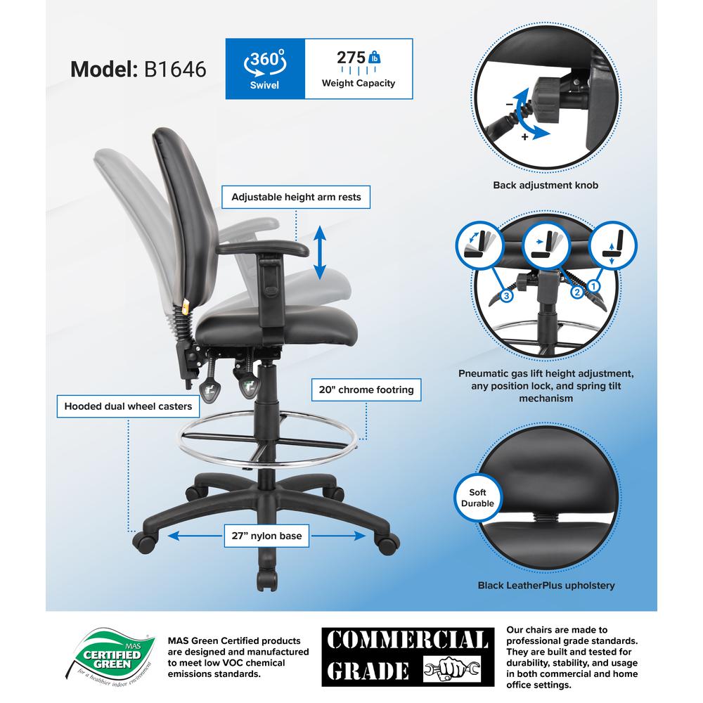Boss Multi-Function LeatherPlus Drafting Stool W/ Adjustable Arms