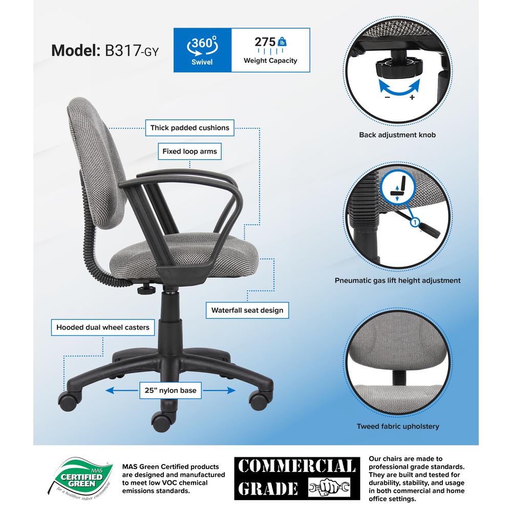 Boss Grey  Deluxe Posture Chair W/ Loop Arms