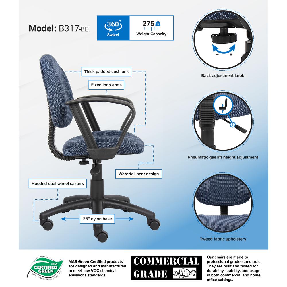 Boss Blue  Deluxe Posture Chair W/ Loop Arms