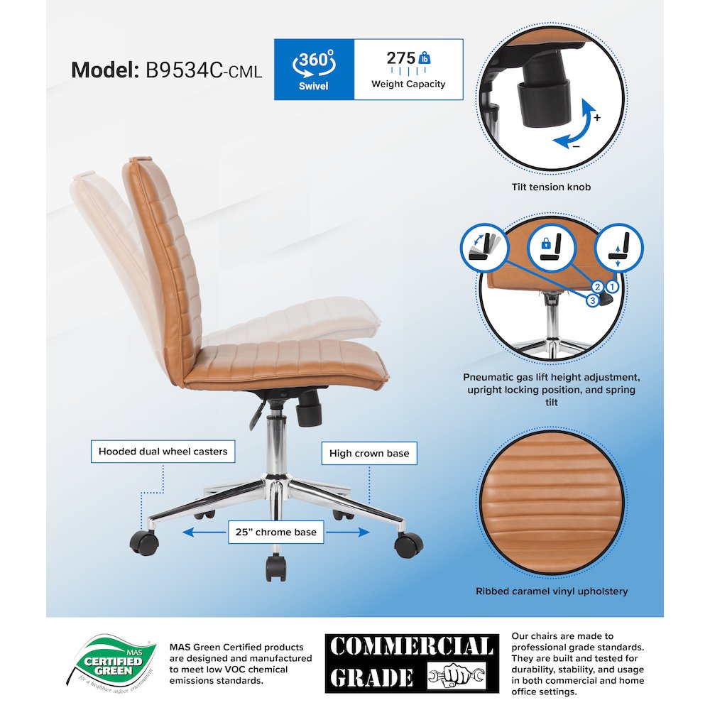 Boss Caramel Vinyl Armless Hospitality Chair