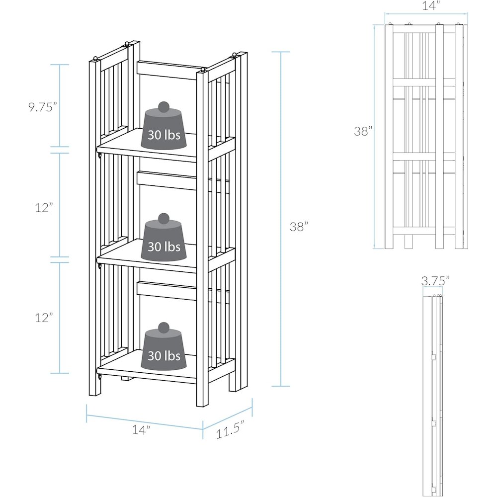 3-Shelf Folding Bookcase 14" Wide-Walnut