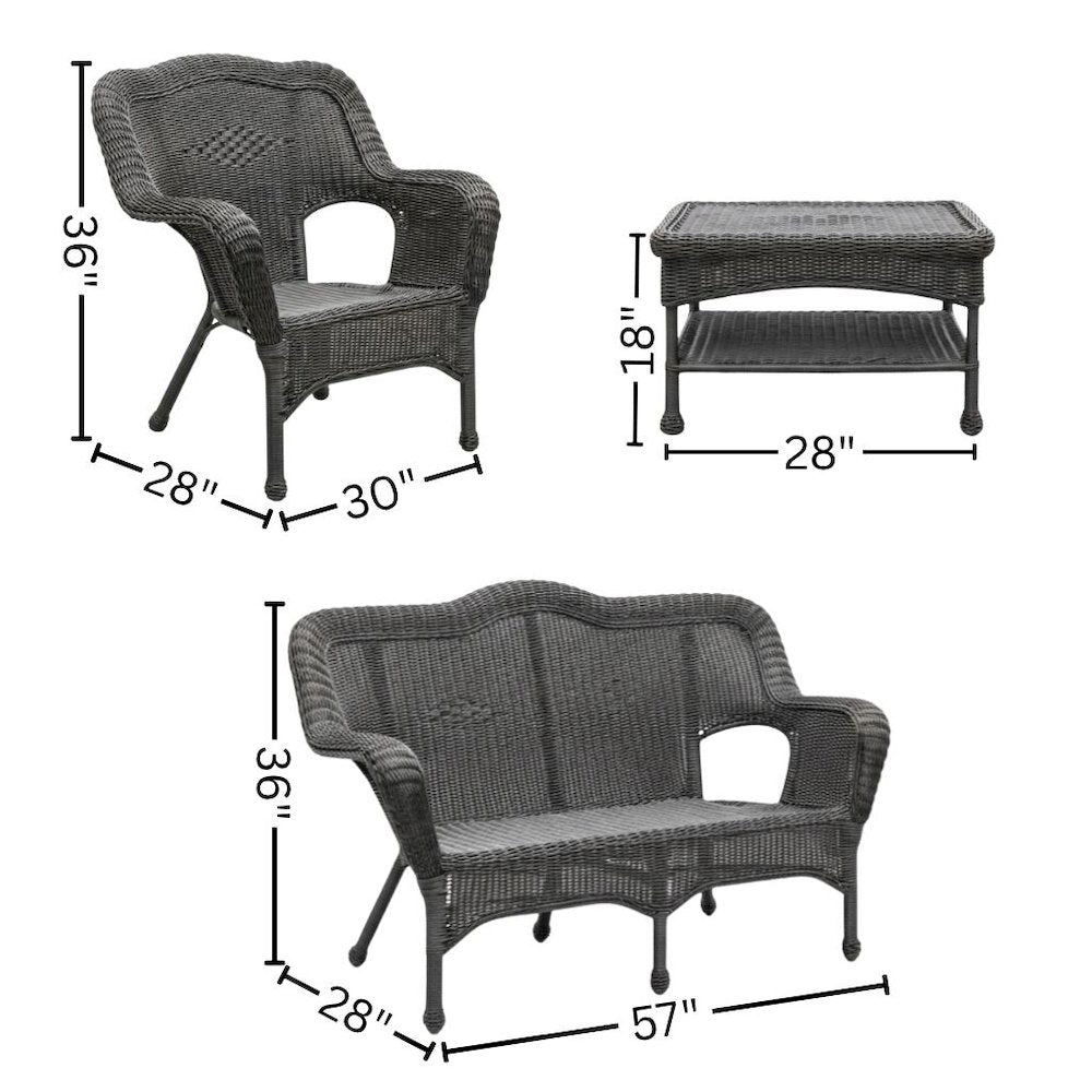 4 Piece Seating Outdoor Set, Black Wicker/Steel Loveseat with 2 Chairs and Table