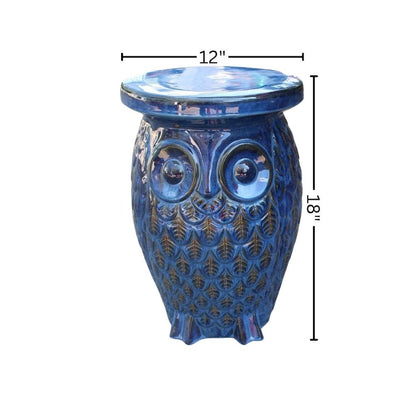 Ceramic Garden Stool, Navy Blue Wise Owl, Indoor/Outdoor Accent
