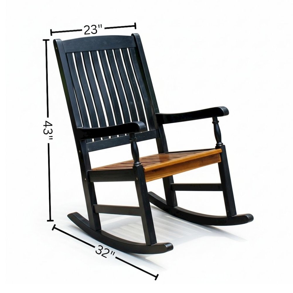 Porch Rocker, Black Acacia Wood and Oak Stain Seat, Distressed Finish