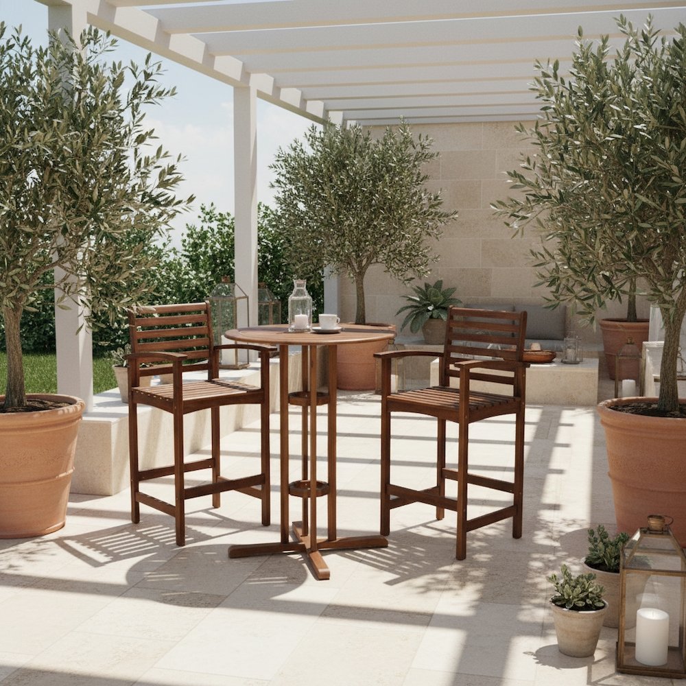 3 Piece Bistro Set, Acacia Wood, Bar Height Table and Two Chairs, Brown