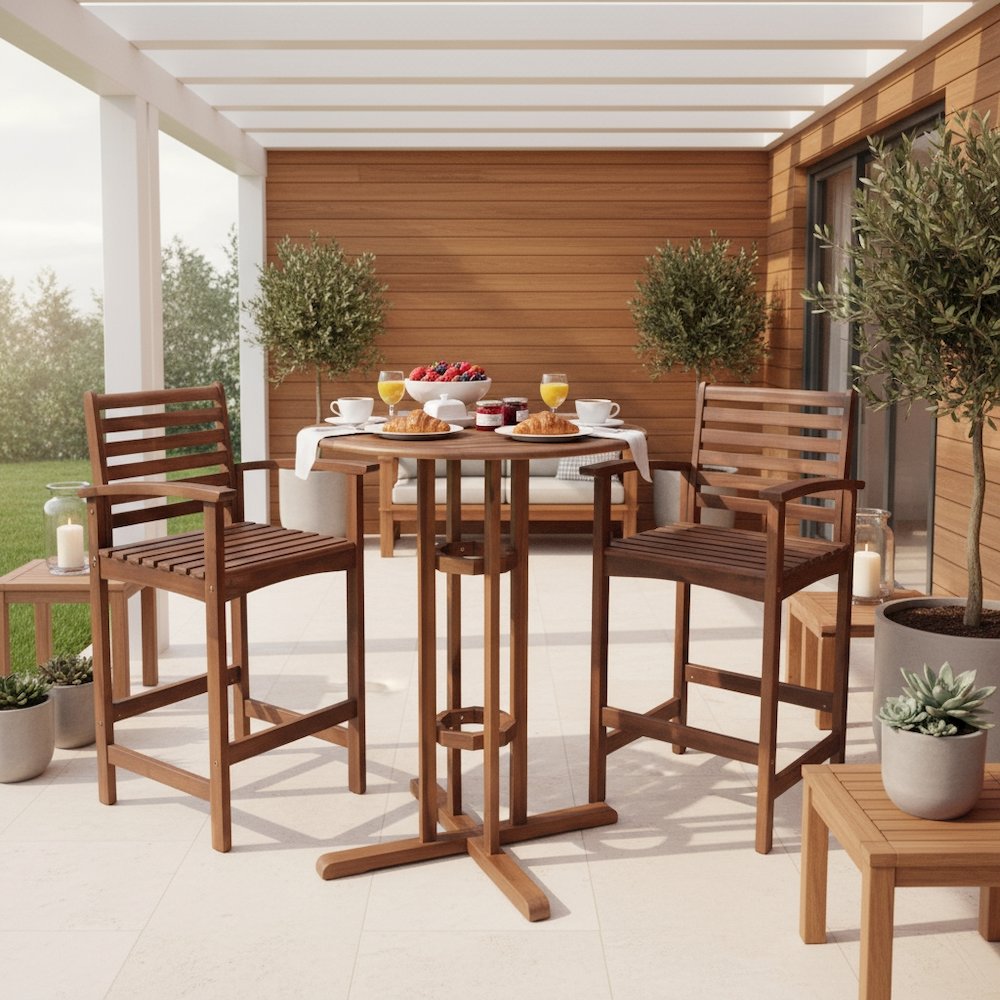 3 Piece Bistro Set, Acacia Wood, Bar Height Table and Two Chairs, Brown