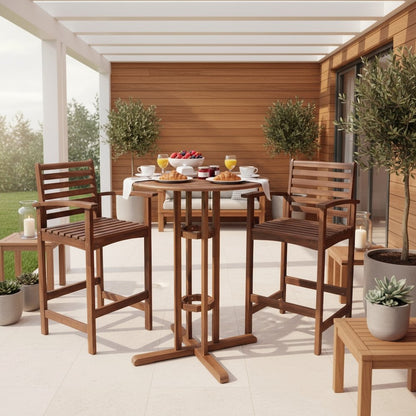 3 Piece Bistro Set, Acacia Wood, Bar Height Table and Two Chairs, Brown