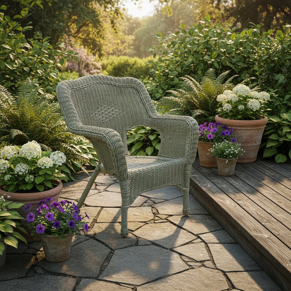 Patio Chair, Moss Wicker, Stackable, Steel Frame and Camelback Design